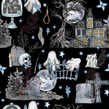 Watercolor helloween Seamless pattern. Graveyard. Perfect for cards or poster Stock Illustration