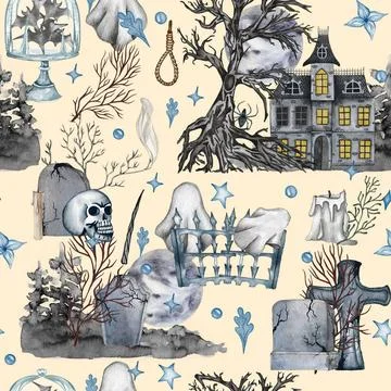 Watercolor helloween Seamless pattern. Graveyard. Perfect for cards or pos... Stock Photos