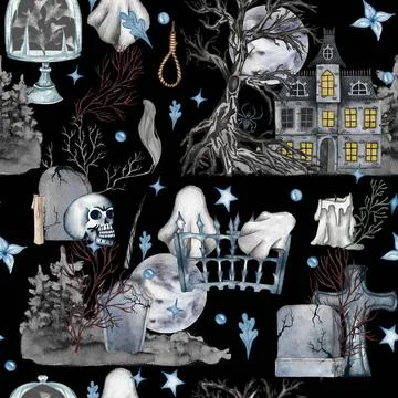 Watercolor helloween Seamless pattern. Graveyard. Perfect for cards or pos... Stock Photos