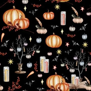 Watercolor helloween Seamless pattern. Perfect for cards or posters, hallowee Stock Illustration