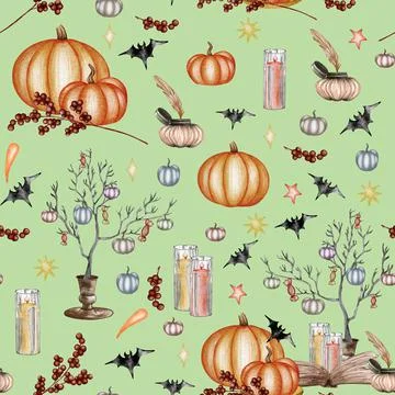 Watercolor helloween Seamless pattern. Perfect for cards or posters, hallowee Stock Illustration