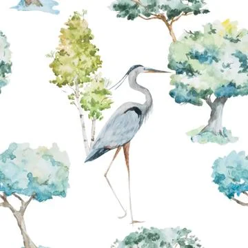 Watercolor herons and trees patterns Stock Illustration