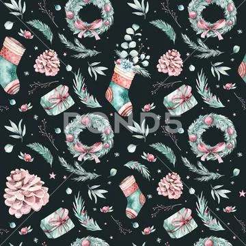 Watercolor holiday christmas clipart seamless pattern. Winter decoration element Stock Illustration