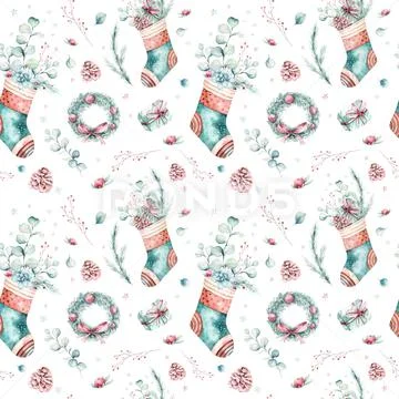 Watercolor holiday christmas clipart seamless pattern. Winter decoration element Stock Illustration