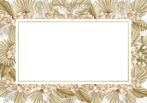 Watercolor horizontal rectangular Frame with dried palm leaves and orchid Stock Illustration