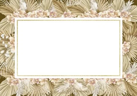 Watercolor horizontal rectangular Frame with dried palm leaves and orchid Stock Illustration