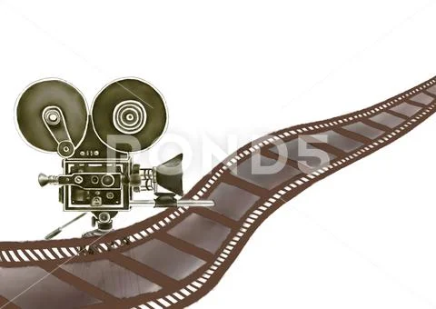 Watercolor Illustration of classic filming camera with reels and film  stripes: Royalty Free #138941326