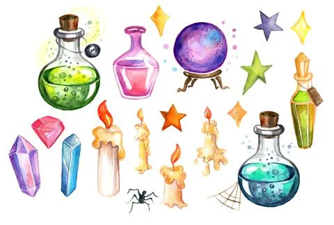 Watercolor illustration collection of different fantasy Halloween elements Stock Illustration