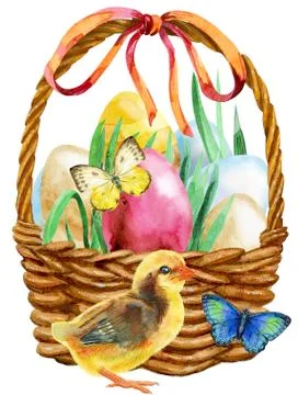 Watercolor illustration Easter basket with eggs, butterflies and chicken Stockillustratie