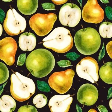 Watercolor illustration. Fruit pattern on a dark brown background. Apples, pears Stock Illustration