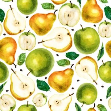 Watercolor illustration. Fruit pattern on a white background. Apples, pears, Stock Illustration