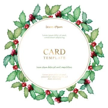 Watercolor Illustration with hand drawn round floral wreath from green holly Stock Illustration