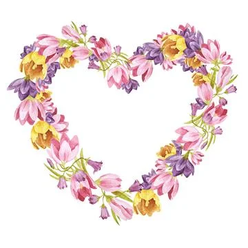 Watercolor illustration Heart-shaped frame of elegant flowers Stock Illustration
