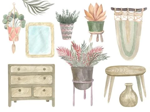 Watercolor illustration of interior elements in boho style Home decoration it Illustrazione stock