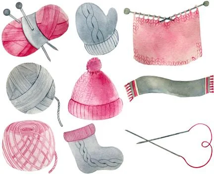 Watercolor illustration. knitting set of objects Stock Illustration