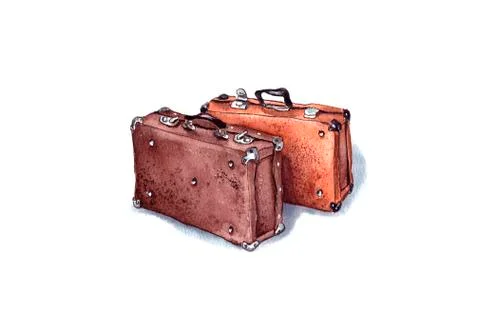 Watercolor illustration of an old leather brown suitcase, vintage, retro. Iso Stock Illustration