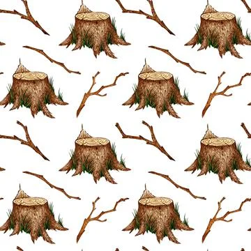 Watercolor illustration of a pattern of dry branches without leaves and stump Stock Illustration