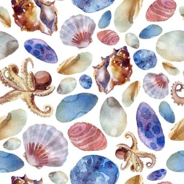 Watercolor illustration, pattern. Sea pattern, shells, sea stones, octopus. W Illustrazione stock
