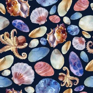 Watercolor illustration, pattern. Sea pattern, shells, sea stones, octopus. D Illustrazione stock