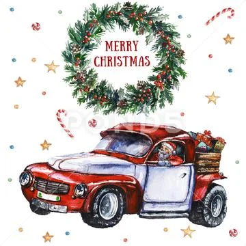 Watercolor illustration with Santa on the car and Merry Christmas sign within Stock Illustration