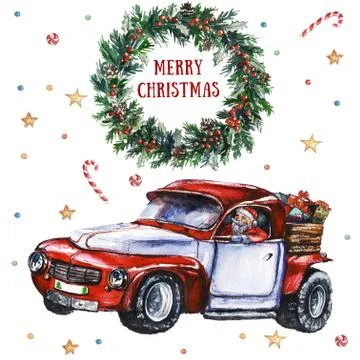 Watercolor illustration with Santa on the car and Merry Christmas sign within Stock Illustration