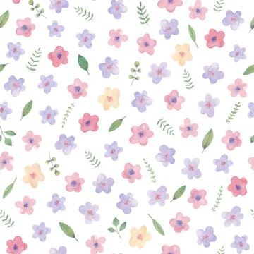Watercolor illustration, seamless pattern with simple flowers. Cute childrens Stock Illustration