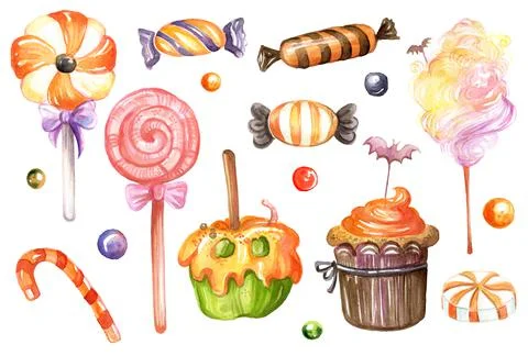 Watercolor illustration set of different fantasy Halloween sweets Stock Illustration