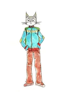 Watercolor Illustration Of A Winter Cat in Sweater. Stock Illustration