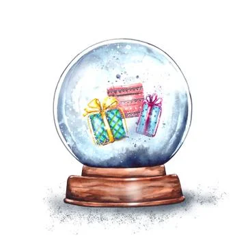 Watercolor illustration.magic Christmas glass snow globe on a wooden stand with Stock Illustration