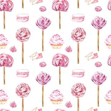 Watercolor image of a seamless pattern of sweets, candies in the shape of hearts Stock Illustration