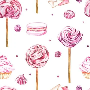 Watercolor image of a seamless pattern of sweets, candies in the shape of hearts 스톡 일러스트