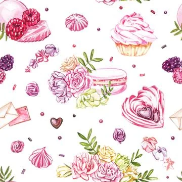 Watercolor image of a seamless pattern of sweets, candies in the shape of hearts Stock Illustration