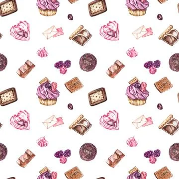 Watercolor image of a seamless pattern of sweets, candies in the shape of hearts Stock Illustration