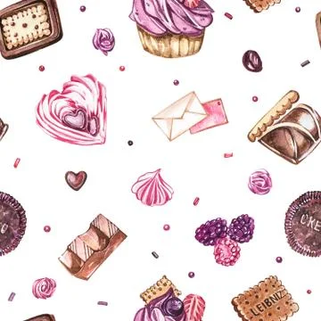 Watercolor image of a seamless pattern of sweets, candies in the shape of hearts Stock Illustration