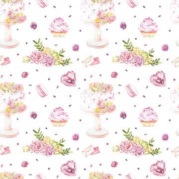Watercolor image of a seamless pattern of sweets, candies in the shape of hearts 스톡 일러스트