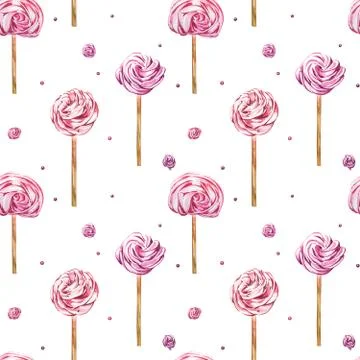 Watercolor image of a seamless pattern of sweets, candies in the shape of hearts 스톡 일러스트