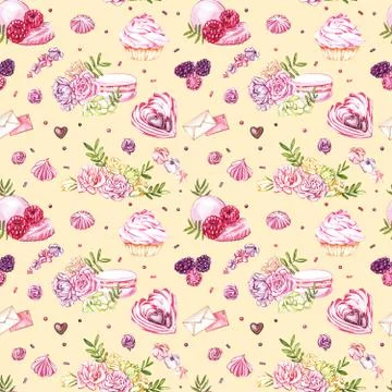 Watercolor image of a seamless pattern of sweets, candies in the shape of hearts Stock Illustration