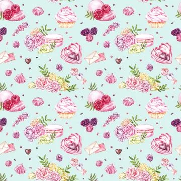 Watercolor image of a seamless pattern of sweets, candies in the shape of hearts Stock Illustration