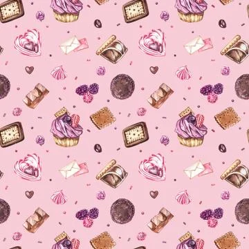Watercolor image of a seamless pattern of sweets, candies in the shape of hearts Stock Illustration