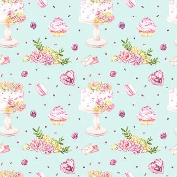 Watercolor image of a seamless pattern of sweets, candies in the shape of hearts Stock Illustration