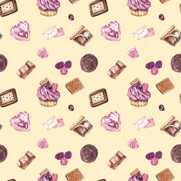 Watercolor image of a seamless pattern of sweets, candies in the shape of hearts Stock Illustration