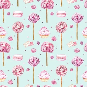 Watercolor image of a seamless pattern of sweets, candies in the shape of hearts Stock Illustration
