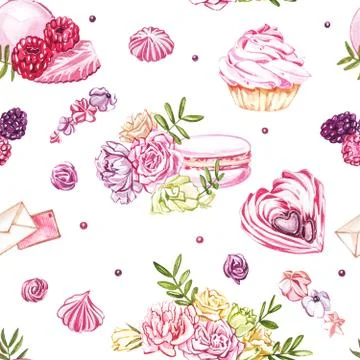 Watercolor image of a seamless pattern of sweets, candies in the shape of hearts Stock Illustration