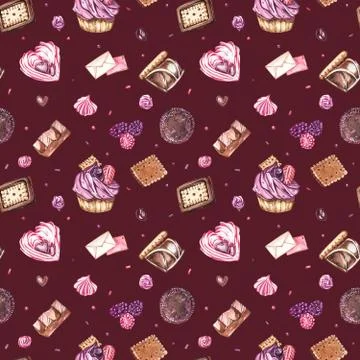 Watercolor image of a seamless pattern of sweets, candies in the shape of hearts Stock Illustration