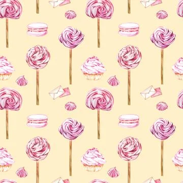 Watercolor image of a seamless pattern of sweets, candies in the shape of hearts Stock Illustration