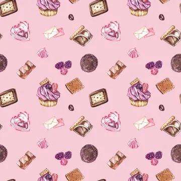 Watercolor image of a seamless pattern of sweets, candies in the shape of hearts Stock Illustration