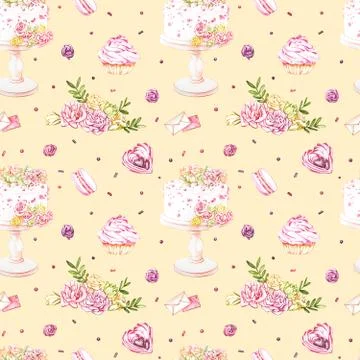 Watercolor image of a seamless pattern of sweets, candies in the shape of hearts Stock Illustration