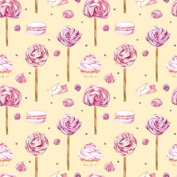 Watercolor image of a seamless pattern of sweets, candies in the shape of hearts Stock Illustration