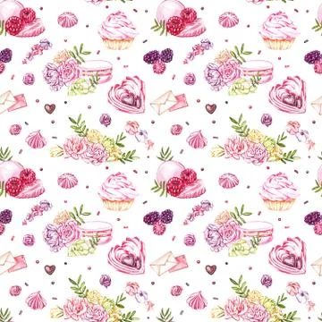 Watercolor image of a seamless pattern of sweets, candies in the shape of hearts Illustrazione stock