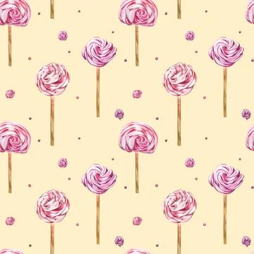 Watercolor image of a seamless pattern of sweets, candies in the shape of hearts Stock Illustration